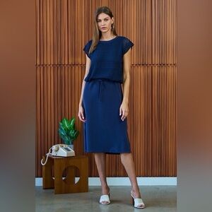 The Greii Overlay Midi Dress S NWT Drawstring Waist Side Slit Navy.